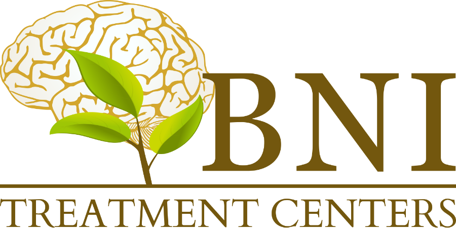 Logo for BNI Treatment Centers featuring a brain icon with green leaves, beside the gold text "BNI TREATMENT CENTERS."