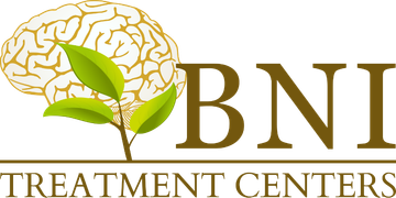 Logo for BNI Treatment Centers featuring a brain icon with green leaves, beside the gold text "BNI TREATMENT CENTERS."