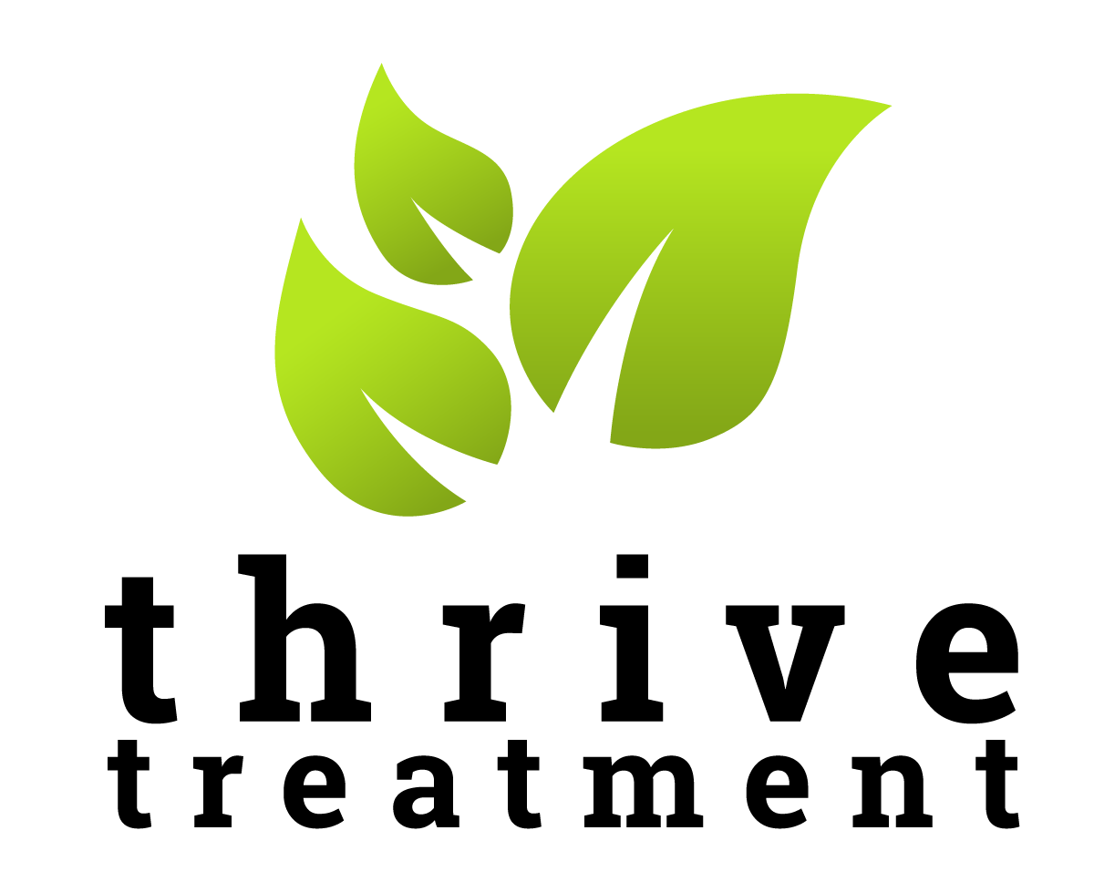 Logo with three lime green leaves above the black, serif-font text "thrive treatment."