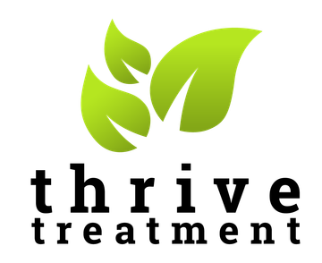 Logo with three lime green leaves above the black, serif-font text "thrive treatment."