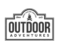 Outdoor Adventures logo with a tent, stars, and mountain silhouette in black and white