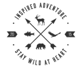 Black and white camp logo with hikers, tents, moon, and mountains; “Inspired Adventure” and “Stay Wild at Heart” text.