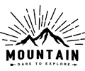 Mountain logo with stylized black peaks and rays above the words “MOUNTAIN – Dare to Explore.”