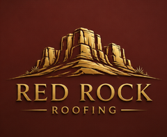 Red Rock Roofing logo with a stylized sandstone mesa on a maroon background