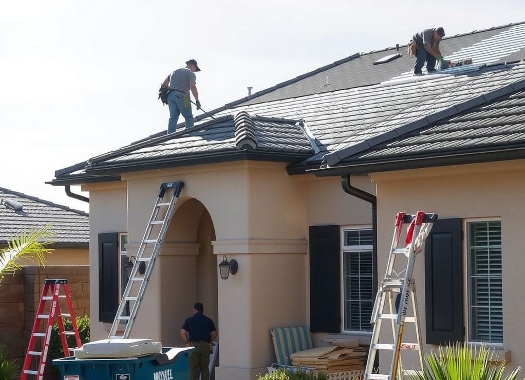 Workers repairing a tiled roof with ladders on a suburban house