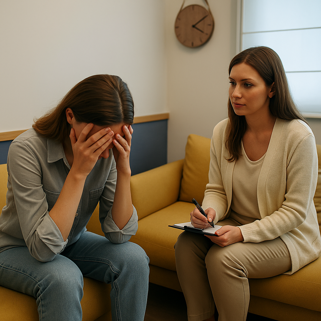 Uma mulher com transtorno de ansiedade está sentada no sofá conversando com sua psicologa.