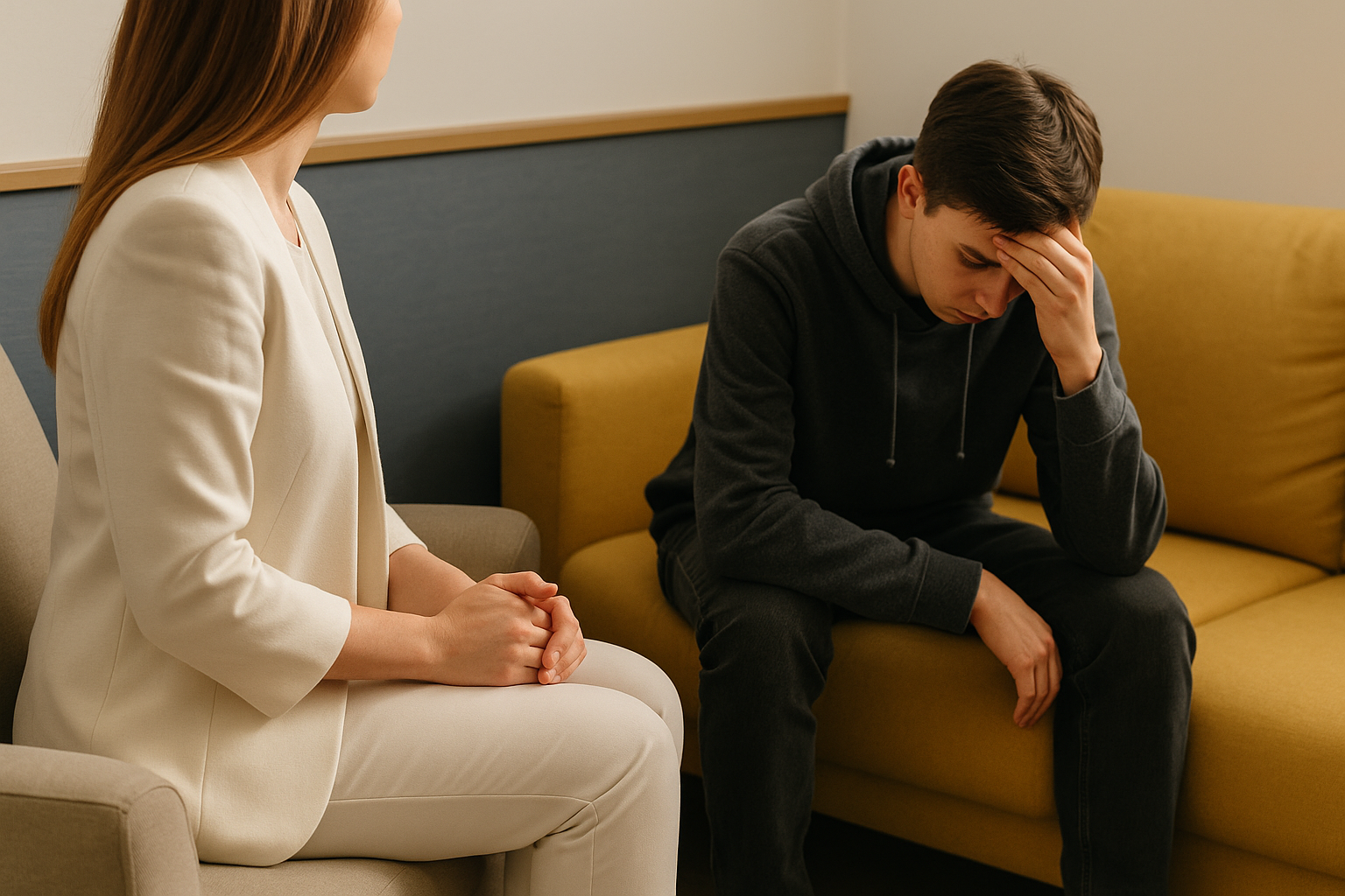 Um adolescente está sentado no sofá conversando com a terapeuta.