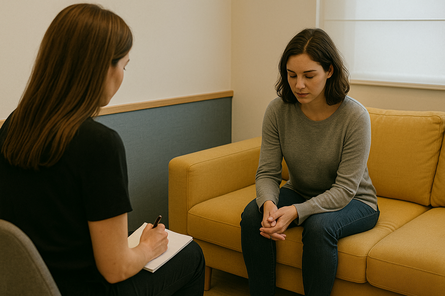 Uma mulher está sentada em um sofá amarelo conversando com outra mulher.