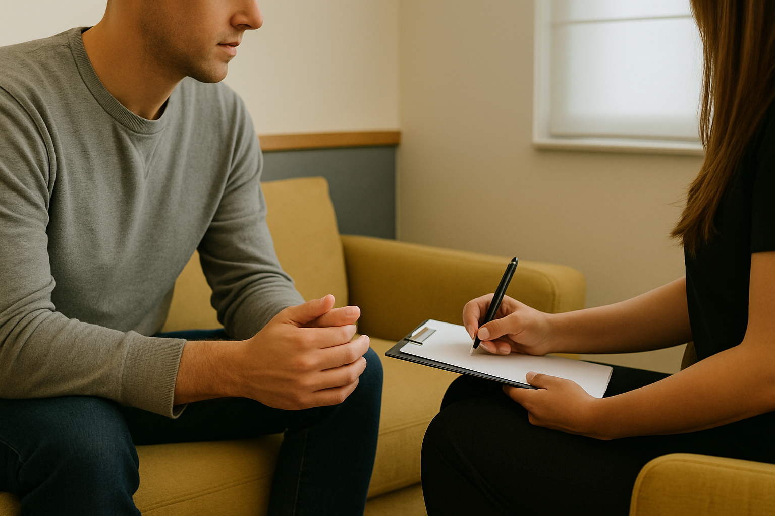Um homem está sentado em um sofá conversando com uma mulher que está escrevendo em uma prancheta.