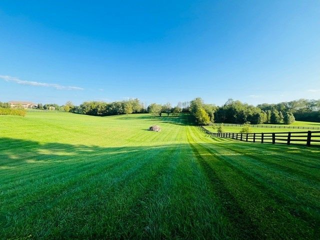 A lush green field with a fence in the foreground and trees in the background.