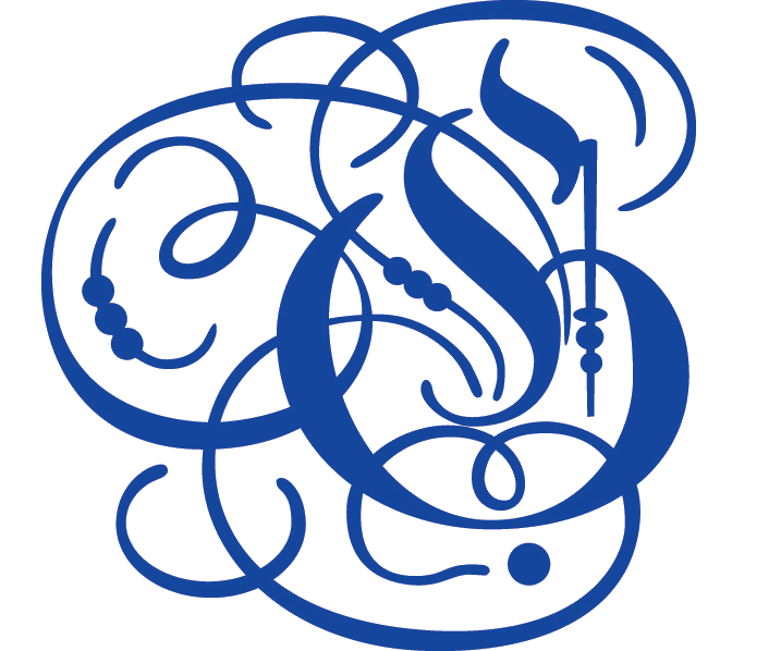 A blue letter s is surrounded by swirls on a white background