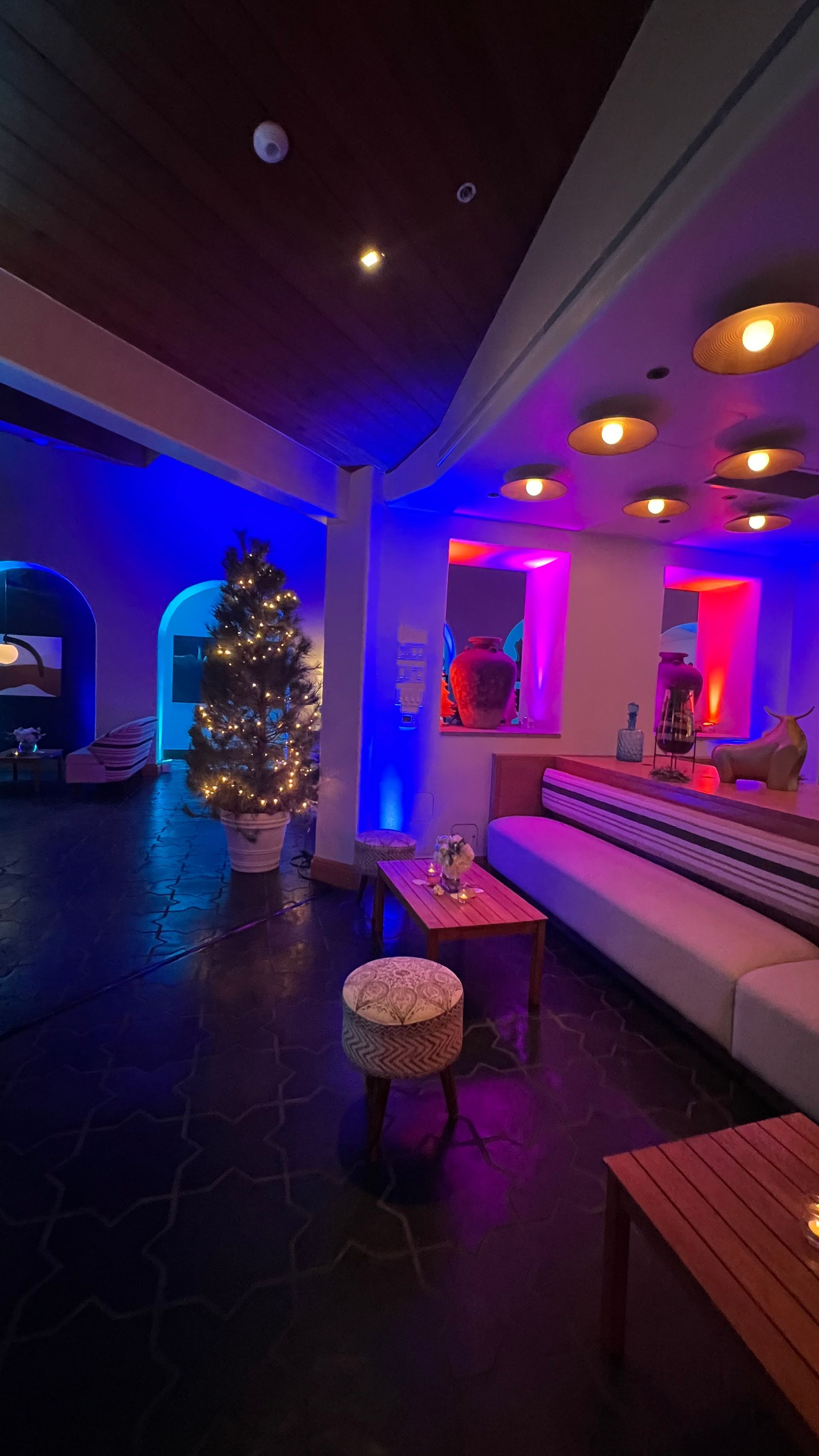 A lounge with a Christmas tree, decorated with colored lighting.
