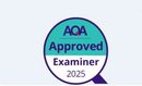 AQA Approved Examiner badge with teal and white segments, showing 2025 and logo.