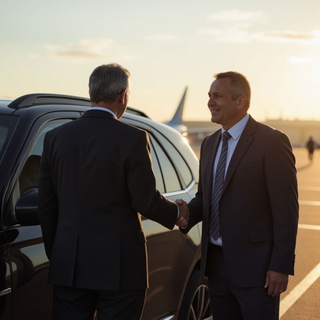 Two men in suits shaking hands in front of a car