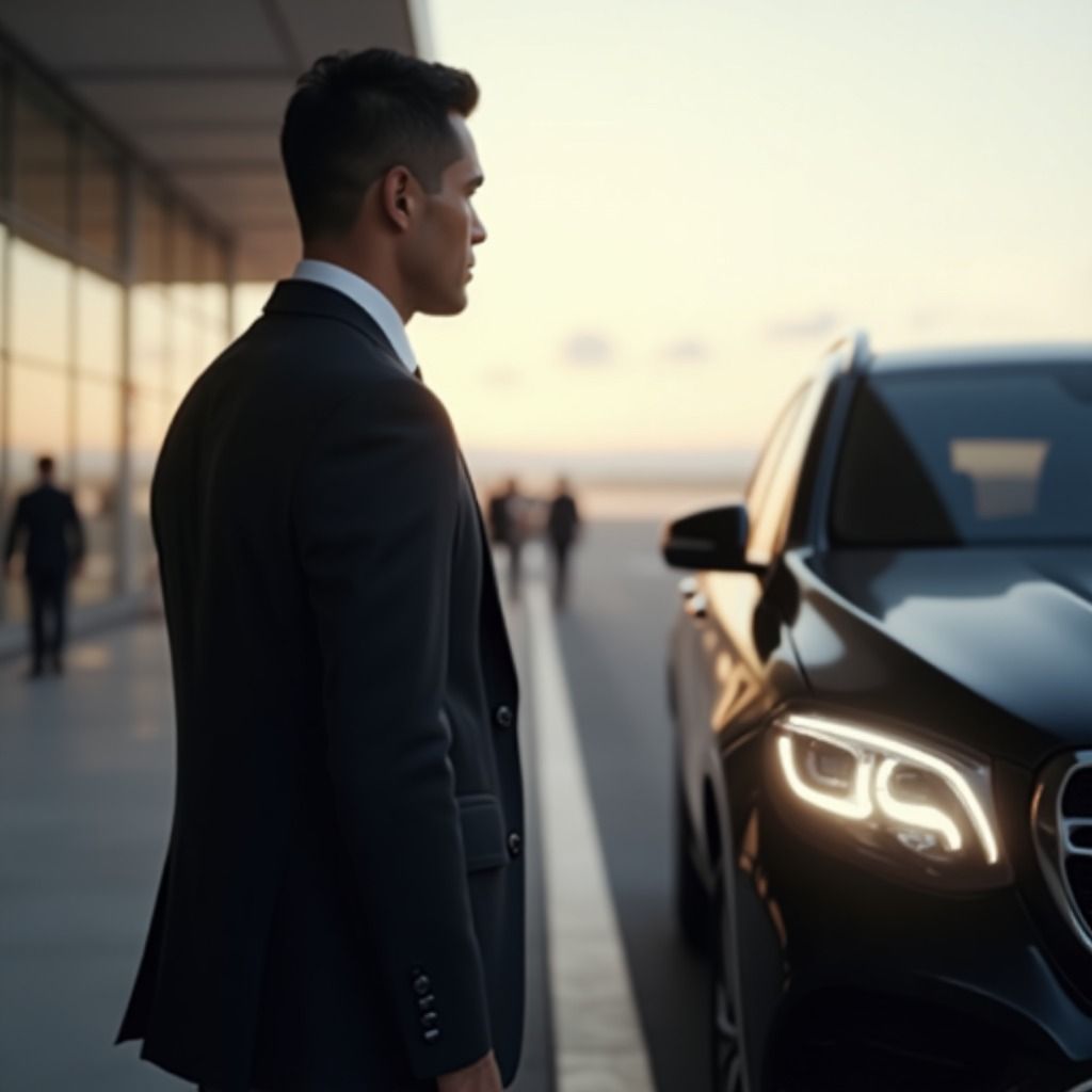 A man in a suit is standing next to a black car