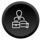 A man with a briefcase and a car in a black circle.