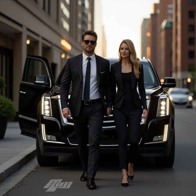 A man and woman are walking in front of a black car