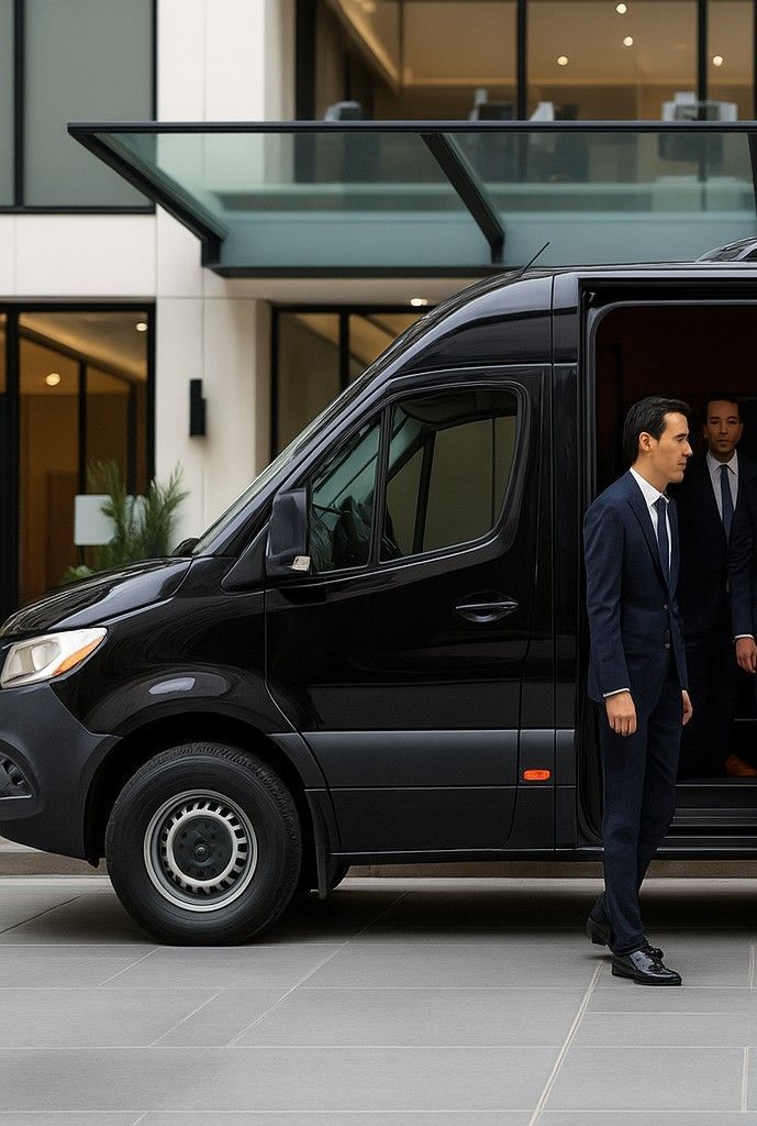 Two men in suits are standing next to a black van.