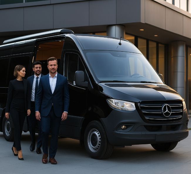 A group of people are walking towards a black mercedes van