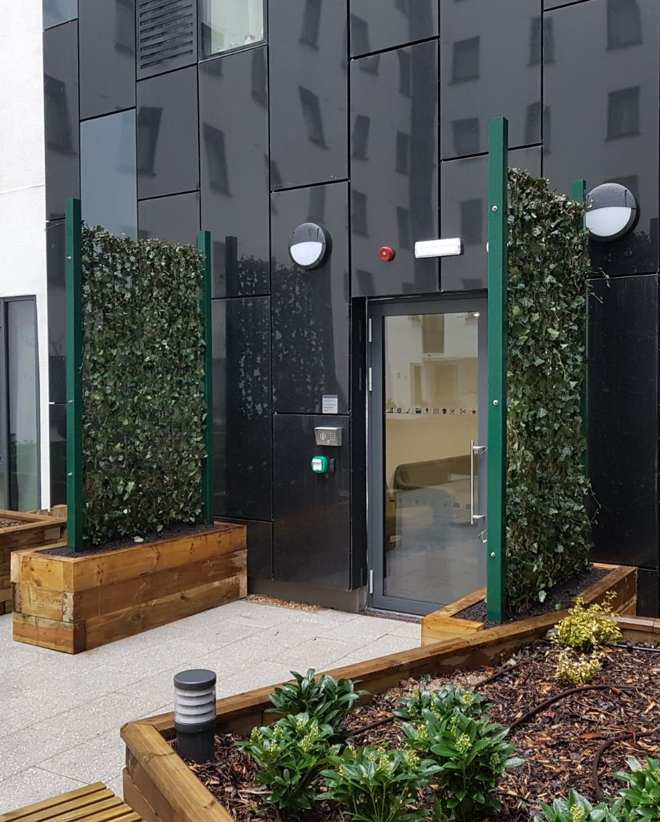 Mobilane green screens installed using powder coated steel posts and planted into sleeper bed planters