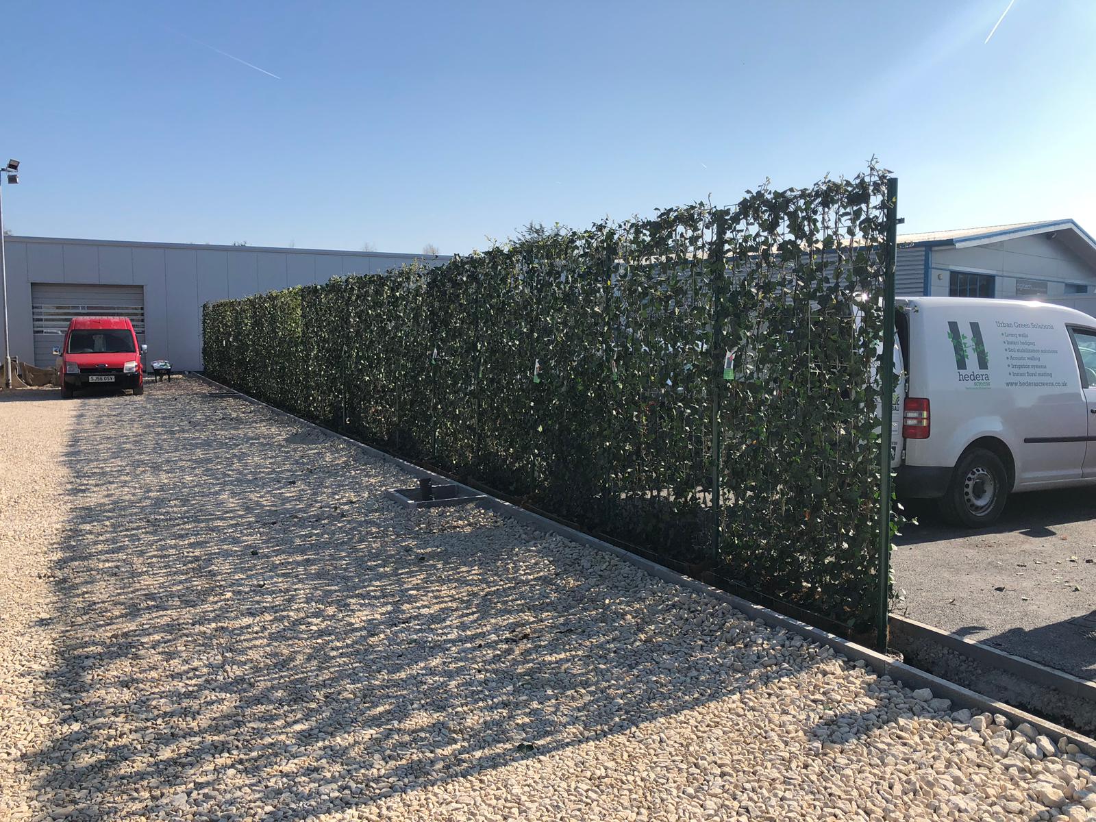 Green screens on steel posts, installed around the perimeter of a new BMW showroom.  Providing instant natural secure fencing