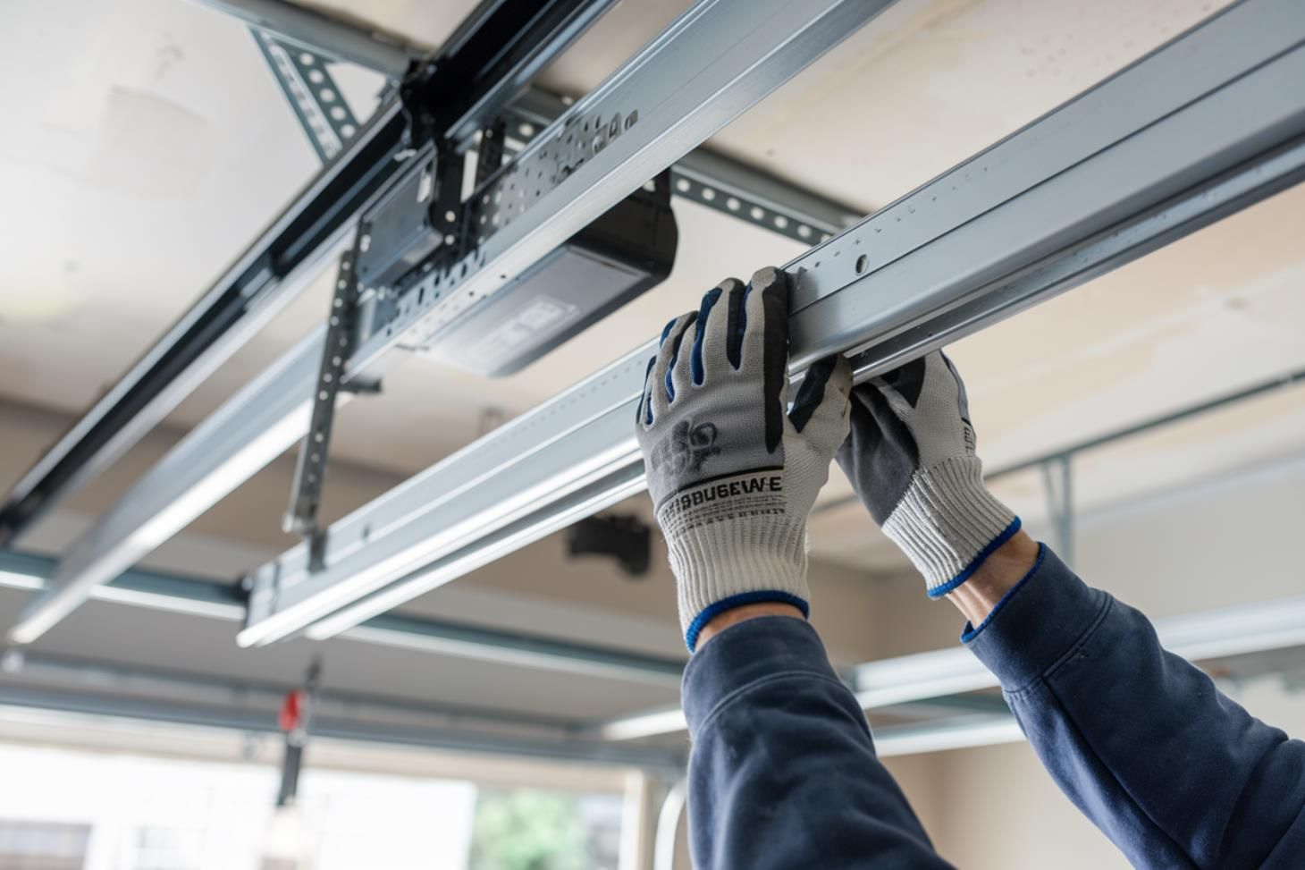 A man is using a drill to install a garage door.