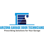 Logo for Arizona Garage Door Technicians featuring a blue garage door illustration with a wrench; blue text.