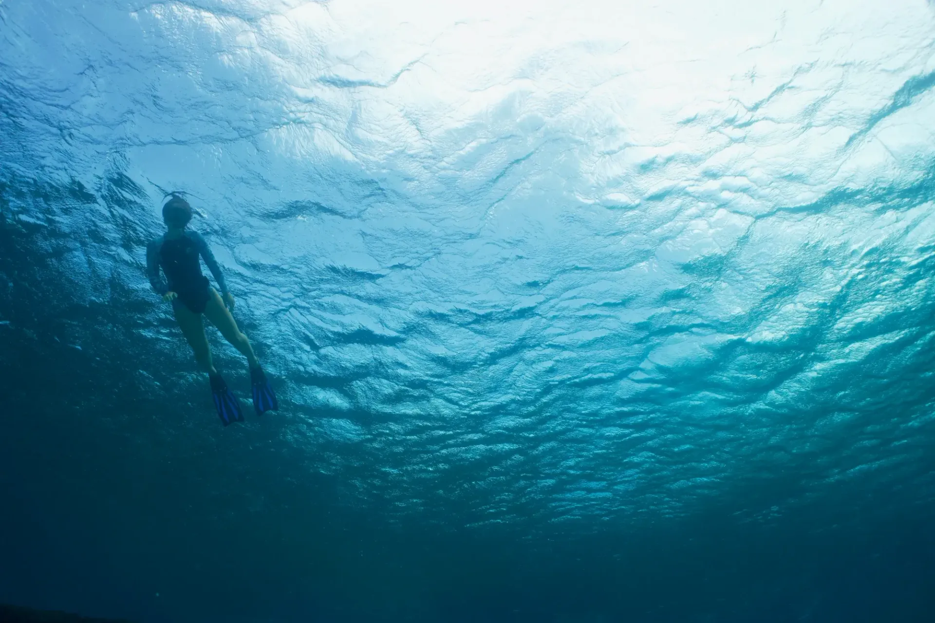 A person is freediving underwater in the ocean.