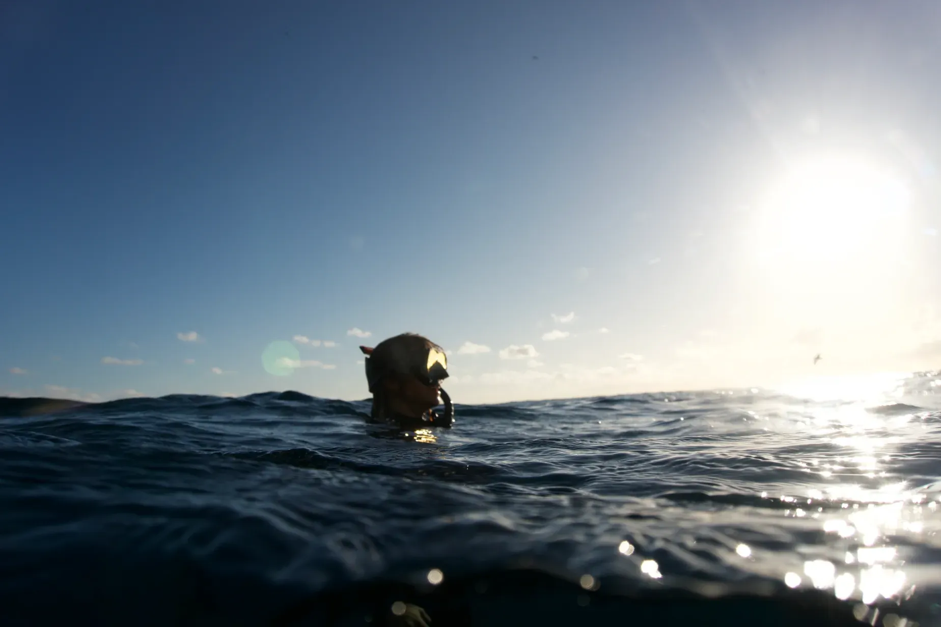 A person is freediving in the ocean with a boat in the background