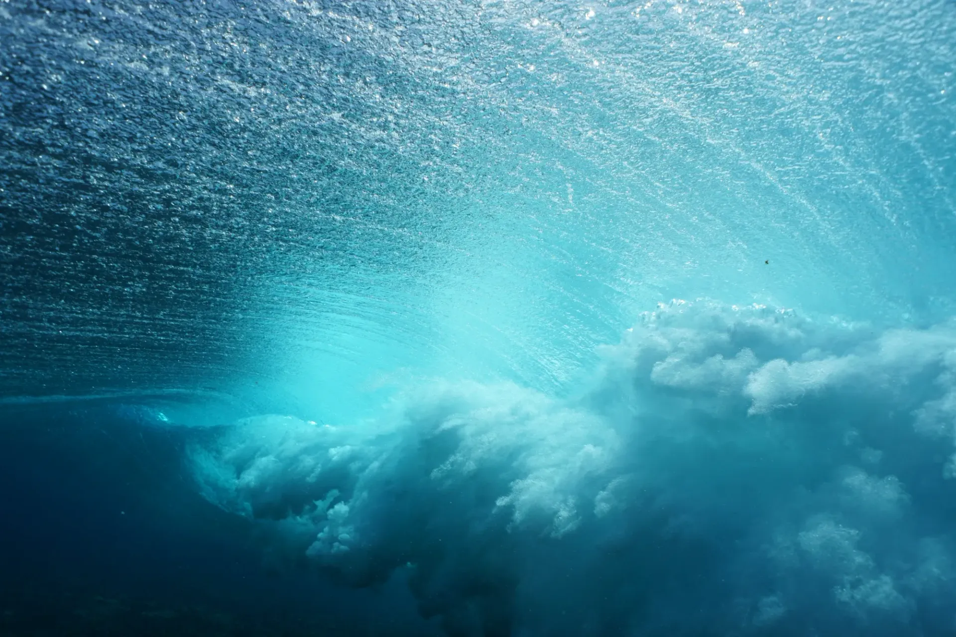 A wave is breaking in the ocean and the sun is shining through the water.
