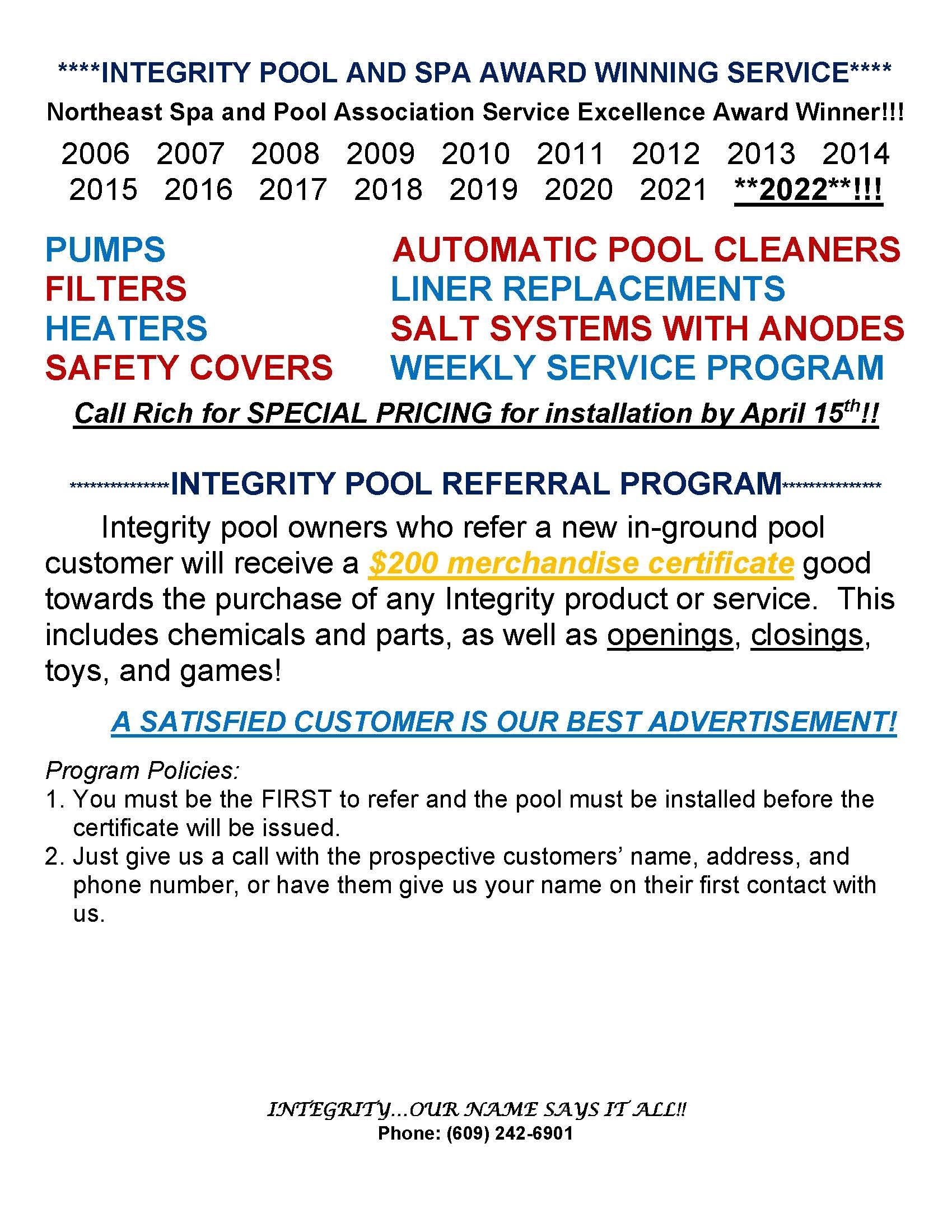 An advertisement for integrity pool and spa offers a referral program.
