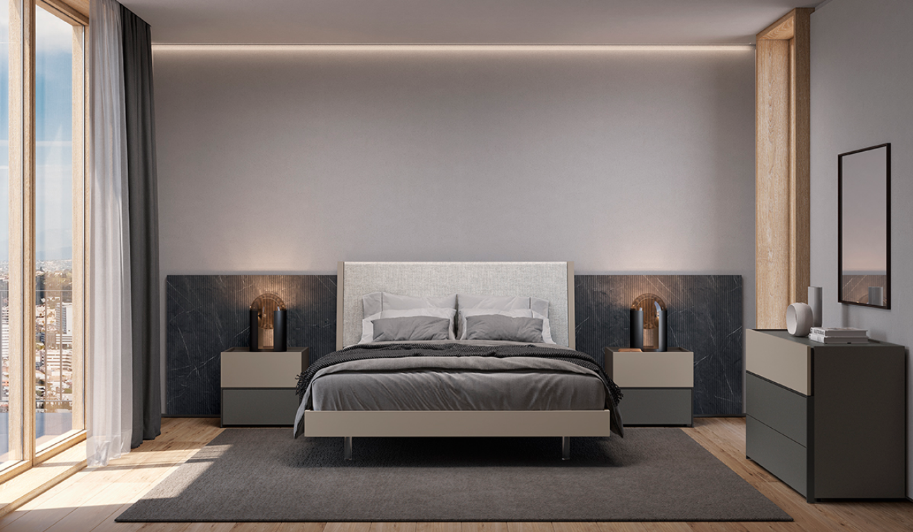 Il letto Lisboa Soft, sofisticato e contemporaneo, è personalizzabile in tutte le finiture nobilitate di serie. La testata dalla forma rigorosa e moderna è arricchita da una sezione imbottita per regalare il giusto mix tra comfort e design. Il disegno all'indietro sostiene comodamente durante la lettura o la visione di film. La struttura semplice ed elegante, con gambe in legno massello e testata retrofinita è perfetta anche per l'utilizzo centrostanza.