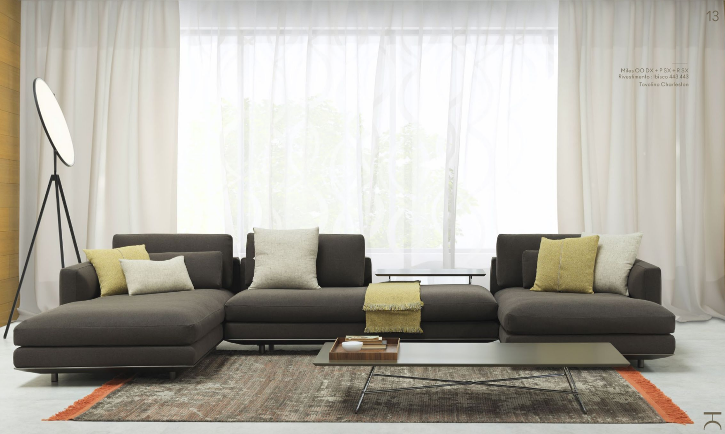 Miles
Miles è una delle cinque famiglie della collezione di divani componibili disegnati da Ludovica + Roberto Palomba. Il telaio in alluminio (brevetto Horm), leggero ed ecologico, su cui si innestano tutti gli elementi imbottiti, è il tratto distintivo e il comune denominatore della Collezione, espressione dell’alta artigianalità sartoriale del Made in Italy. Le varie tipologie di seduta e le imbottiture a quote differenziate di portanza sono studiate per garantire il massimo comfort. Miles è caratterizzato da due cuscini sottili, poggianti su una turca imbottita e cinghiata, con piedino nascosto (7cm) in alluminio, ed è disponibile in due profondità di seduta: 90 o 105 centimetri.