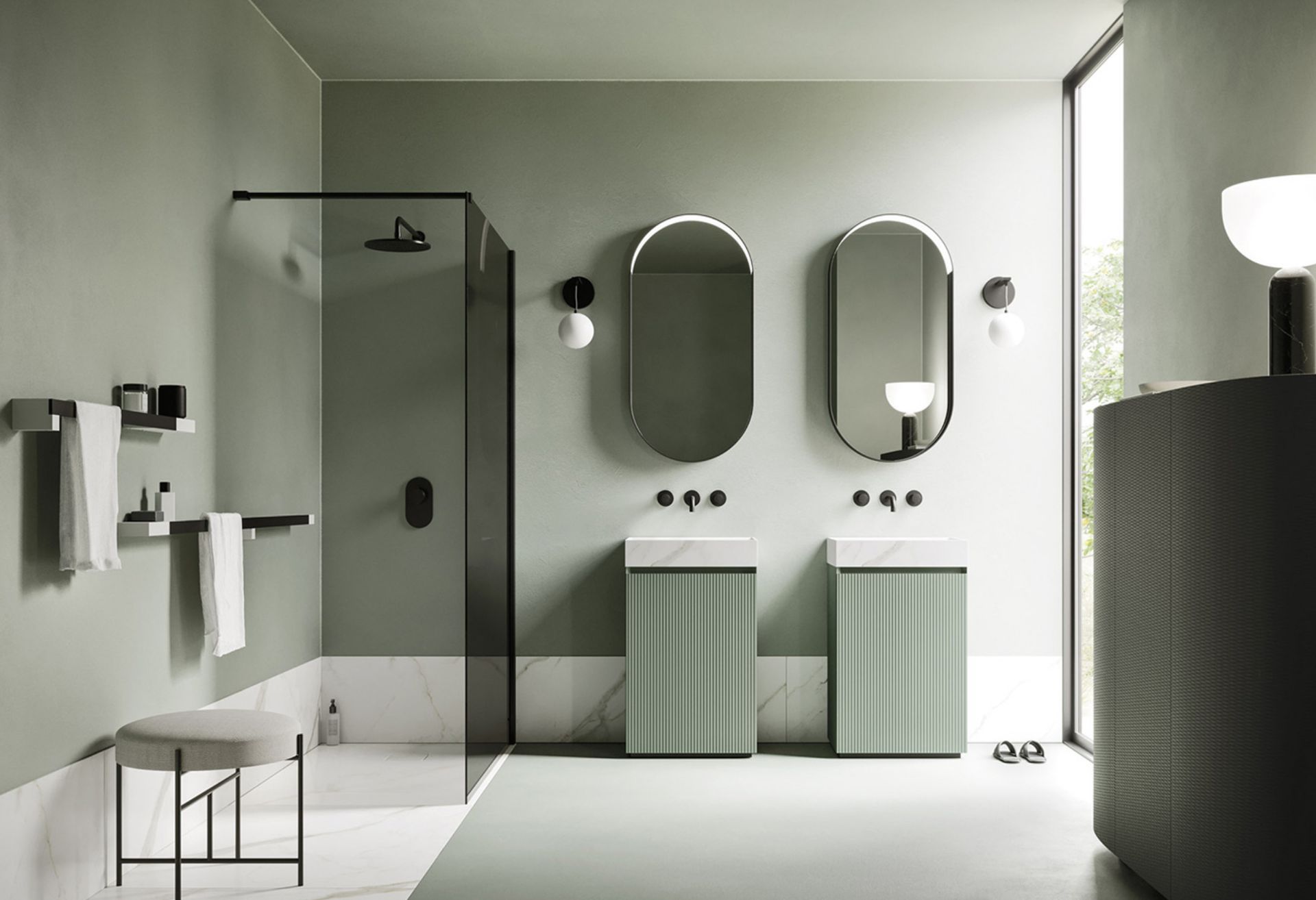Code è una collezione perfettamente in linea con gli attuali trend dell’arredo bagno ed è orientata a creare ambienti con una forte vocazione al design e al benessere. L’ampia gamma di finiture disponibili, i pensili e le consolle di ogni tipo, unite alla vasta selezione di complementi, offrono un altissimo livello di personalizzazione, dando vita a realizzazioni sartoriali in grado di soddisfare qualsiasi esigenza d’arredo. Con presa maniglia integrata e caratteristico taglio a 45° su fianchi e frontali, Code si contraddistingue per la sua modularità e raffinatezza dei materiali che consentono di creare accostamenti di finiture differenti come legno rovere, eucalipto e laccato opaco e  velvet.