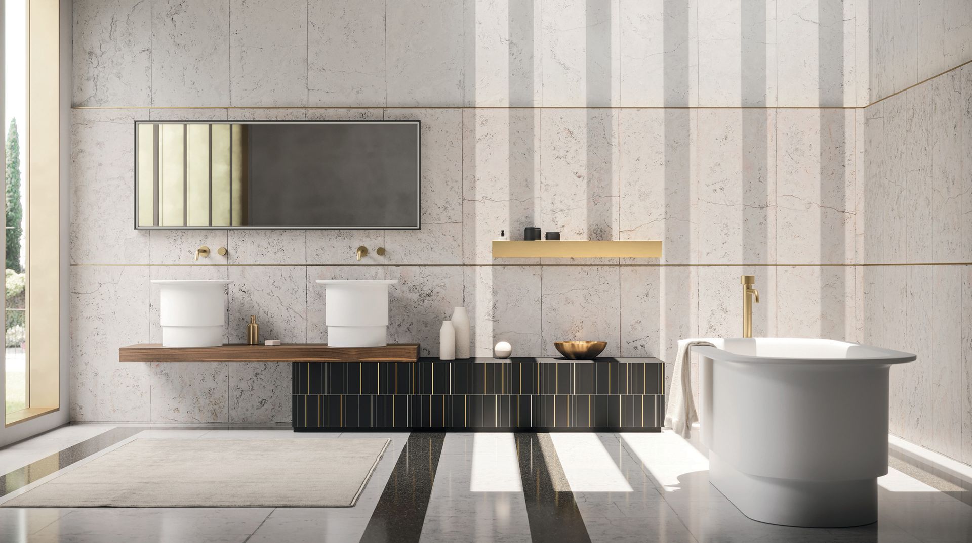  Dall’incontro fra linee essenziali e molteplici possibilità compositive nasce un progetto che dà forma e vita alle più diverse interpretazioni dell’ambiente bagno. La caratteristica anta liscia del modello sky si arricchisce di un’inedita texture rigata dai suggestivi effetti ottici, realizzata con la tecnica della stampa digitale. Fil rouge stilistico sono le righe proposte in un gioco di orizzontali e verticali che permettono di creare grafiche sofisticare grazie alle tre varianti Gessato, Tartan e Golden