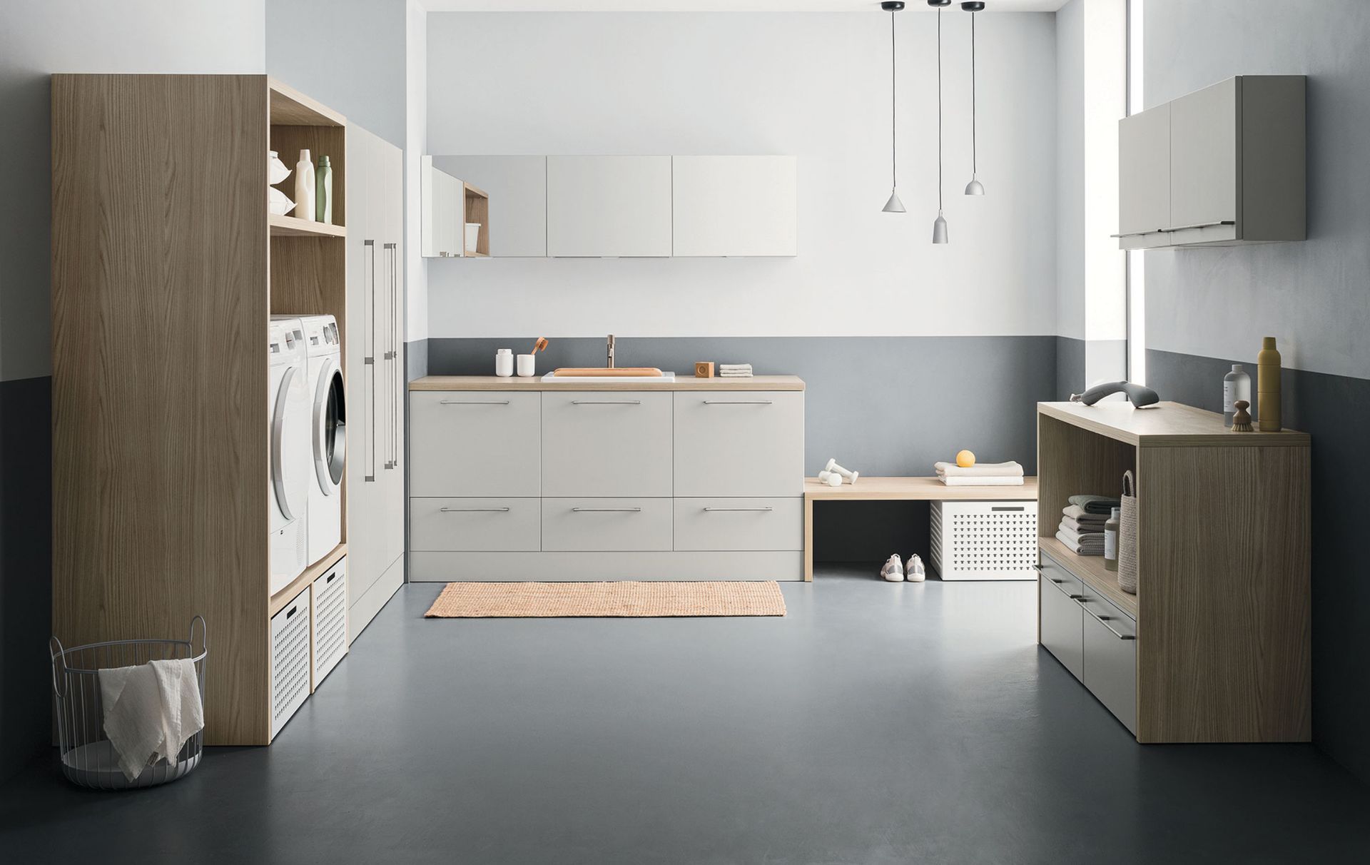 Arbi propone diverse soluzioni per arredare il bagno lavanderia: mobili bagno spaziosi e modulari, contenitori capienti, armadi multifunzionali, lavabi progettati per essere belli, funzionali e di lunga durata. Il bagno lavanderia, nella sua funzione di servizio, mantiene tutta la sua bellezza con Bolle, il progetto che organizza e valorizza un ambiente considerato tecnico, trasformandolo in un luogo ricco di funzioni e sensazioni. Una collezione versatile e ordinata, disponibile con anta liscia e con anta J, in numerose finiture in melaminico termostrutturato e laccato opaco, velvet e lucido.