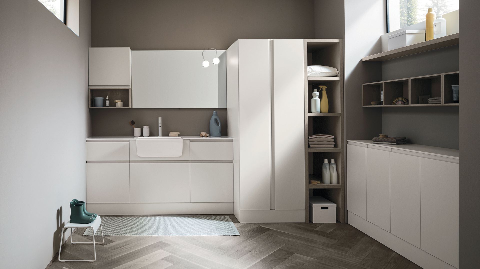 Arbi propone diverse soluzioni per arredare il bagno lavanderia: mobili bagno spaziosi e modulari, contenitori capienti, armadi multifunzionali, lavabi progettati per essere belli, funzionali e di lunga durata. Il bagno lavanderia, nella sua funzione di servizio, mantiene tutta la sua bellezza con Bolle, il progetto che organizza e valorizza un ambiente considerato tecnico, trasformandolo in un luogo ricco di funzioni e sensazioni. Una collezione versatile e ordinata, disponibile con anta liscia e con anta J, in numerose finiture in melaminico termostrutturato e laccato opaco, velvet e lucido.