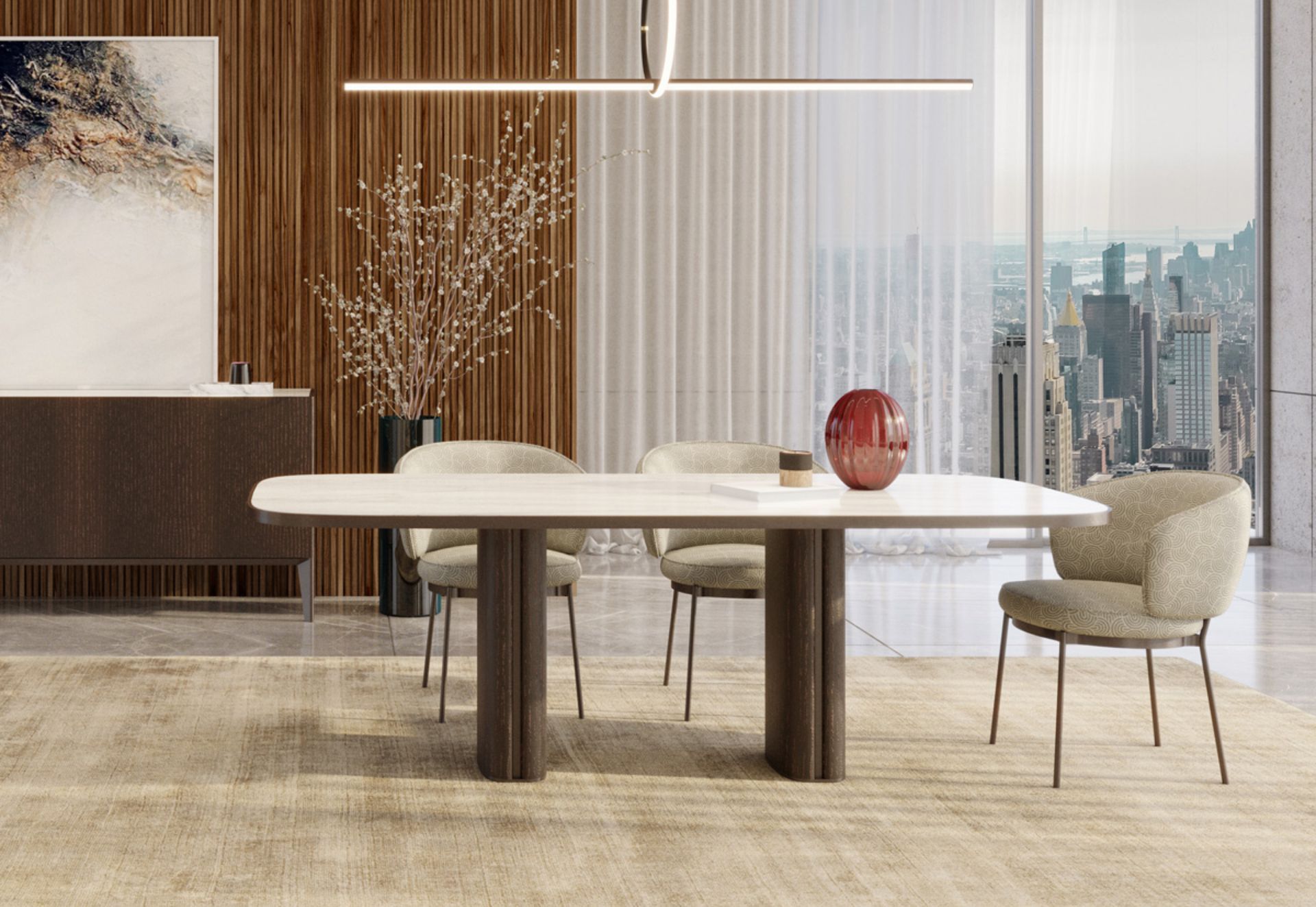 La particolare forma di Trafalgar si compone di un piano con angoli smussati e un robusto basamento in legno con inserti metallici, chiara ispirazione alla colonna dell’Ammiraglio Nelson a nell’omonima piazza di Londra. Il tavolo è disponibile in due dimensioni diverse, e il top può essere realizzato in legno, marmo, Fenix o vetro retroverniciato. Trafalgar appartiene alla collezione Plaza, un progetto che racconta un viaggio metaforico tra le capitali europee interpretandone le piazze urbane più iconiche, e si compone di tavoli, sedute, cabinet, desk e consolle, progettati non solo per la dimensione domestica più intima, ma anche per gli spazi dinamici dell’accoglienza.