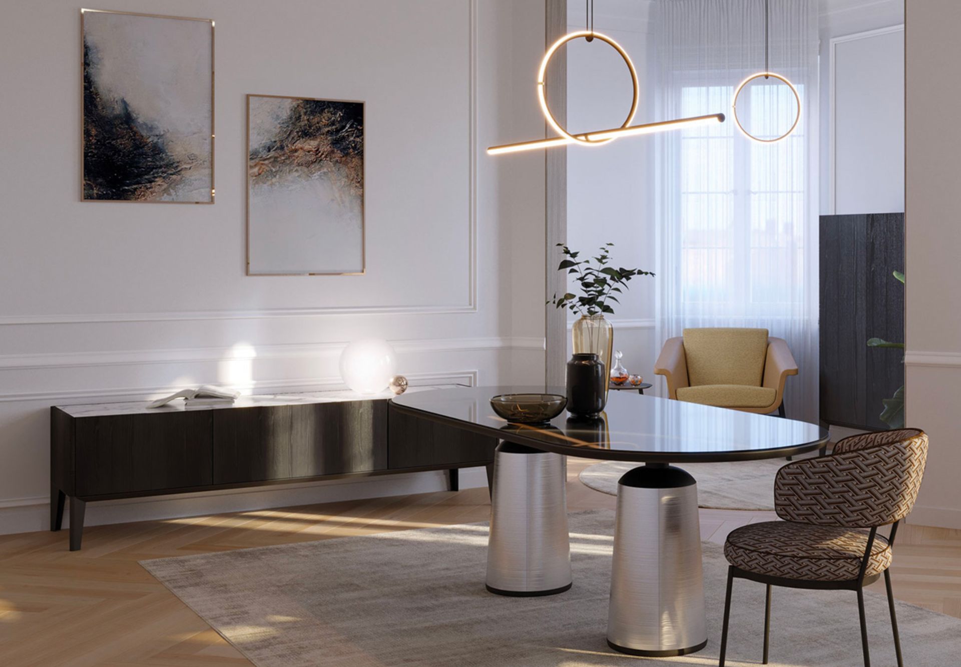 Il Dam cabinet di forma rettangolare come la famosa piazza di Amsterdam, presenta delle ante in legno dalle varie finiture, come ad esempio il frassino nero, dall’apertura a libro, che possono essere separate da un cassetto centrale nella versione Low che nasconde un ulteriore elemento contenitore. La parte metallica segue tutto il basso perimetro del cabinet e termina in quattro piedi agli angoli esterni. La collezione Dam cabinet si arricchisce di ulteriori elementi dalle diverse dimensioni, come il mobile buffet ed il cabinet bar.
La collezione Plaza racconta un viaggio metaforico tra le capitali europee interpretandone le piazze urbane più iconiche, e si compone di tavoli, sedute, cabinet, writing desk e consolle, progettati non solo per la dimensione domestica più intima, ma anche per gli spazi dinamici dell’accoglienza.