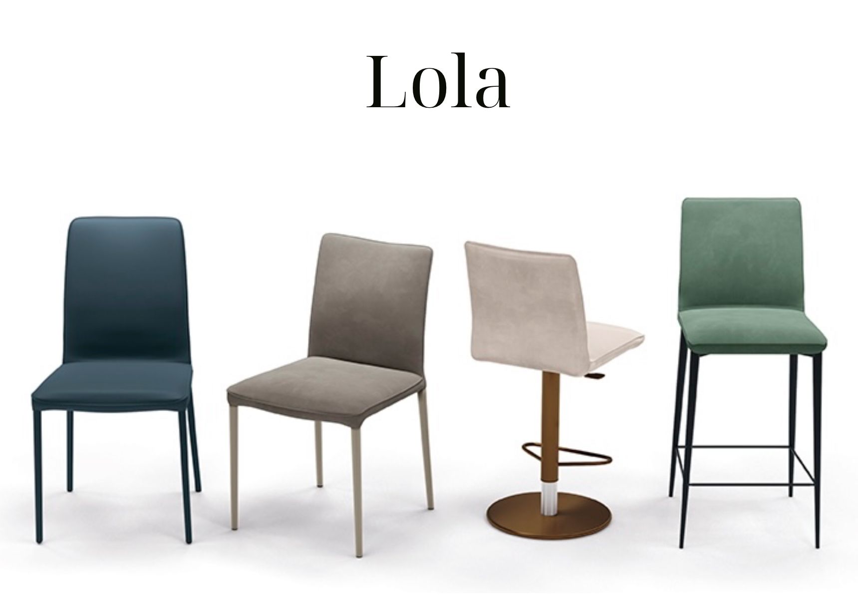 Disponibile con spalliera alta o bassa e in versione sgabello fisso o girevole, Lola presenta un design lineare ed estremo comfort. Accogliente e raffinata Lola è adatta ad ogni contesto, anche il più sofisticato, grazie ai numerosi rivestimenti e alla forte ergonomia del modello. Lo schienale flessibile, offre una seduta estremamente comoda e piacevole che agevola l’appoggio della schiena assecondando il movimento del corpo. Le gambe sono disponibili in metallo verniciato nelle finiture Ottone scuro, nero, Antracite e Sabbia oppure rivestite in abbinamento alla seduta.