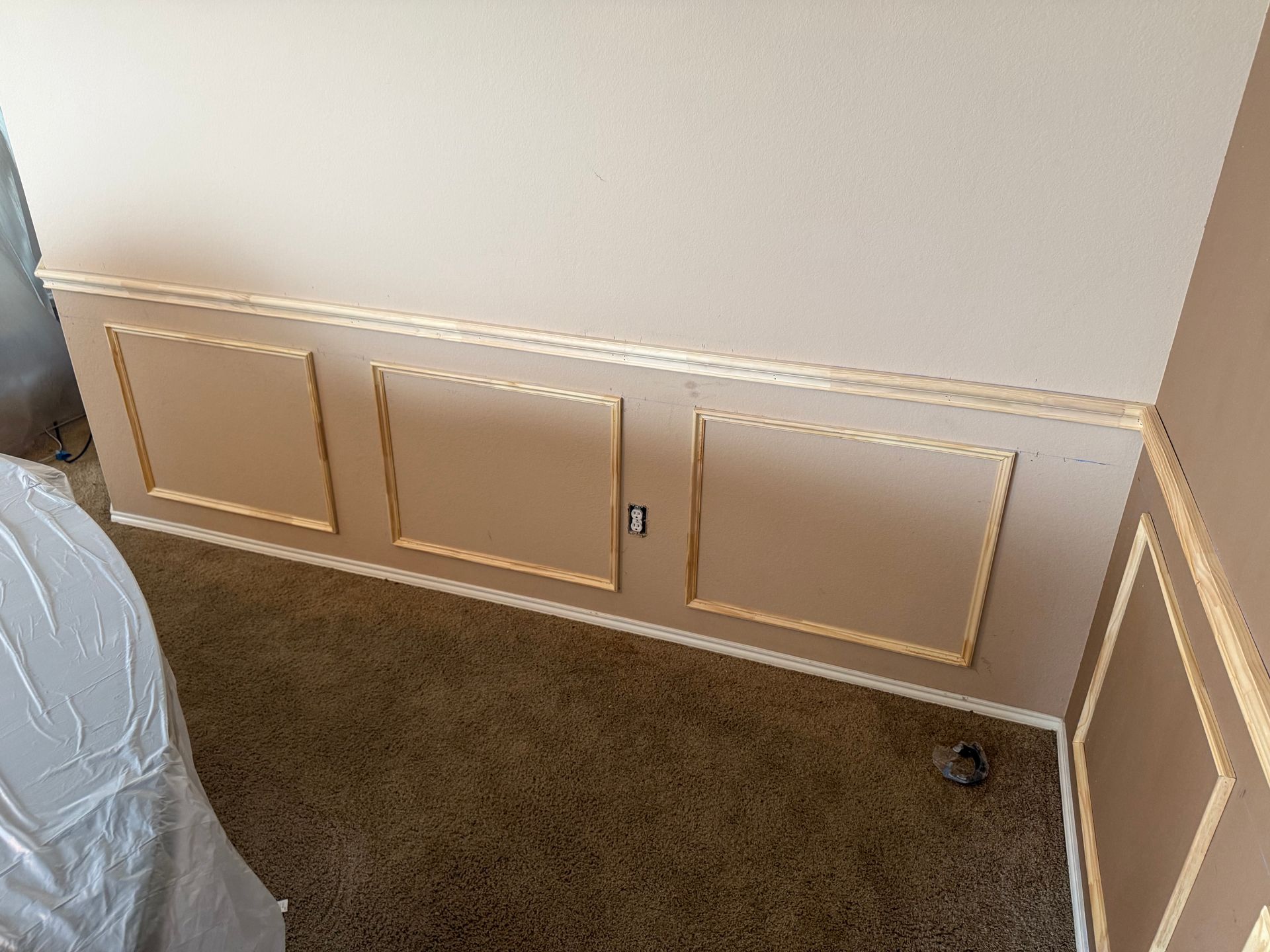 A room with a carpeted floor and a wall with trim.