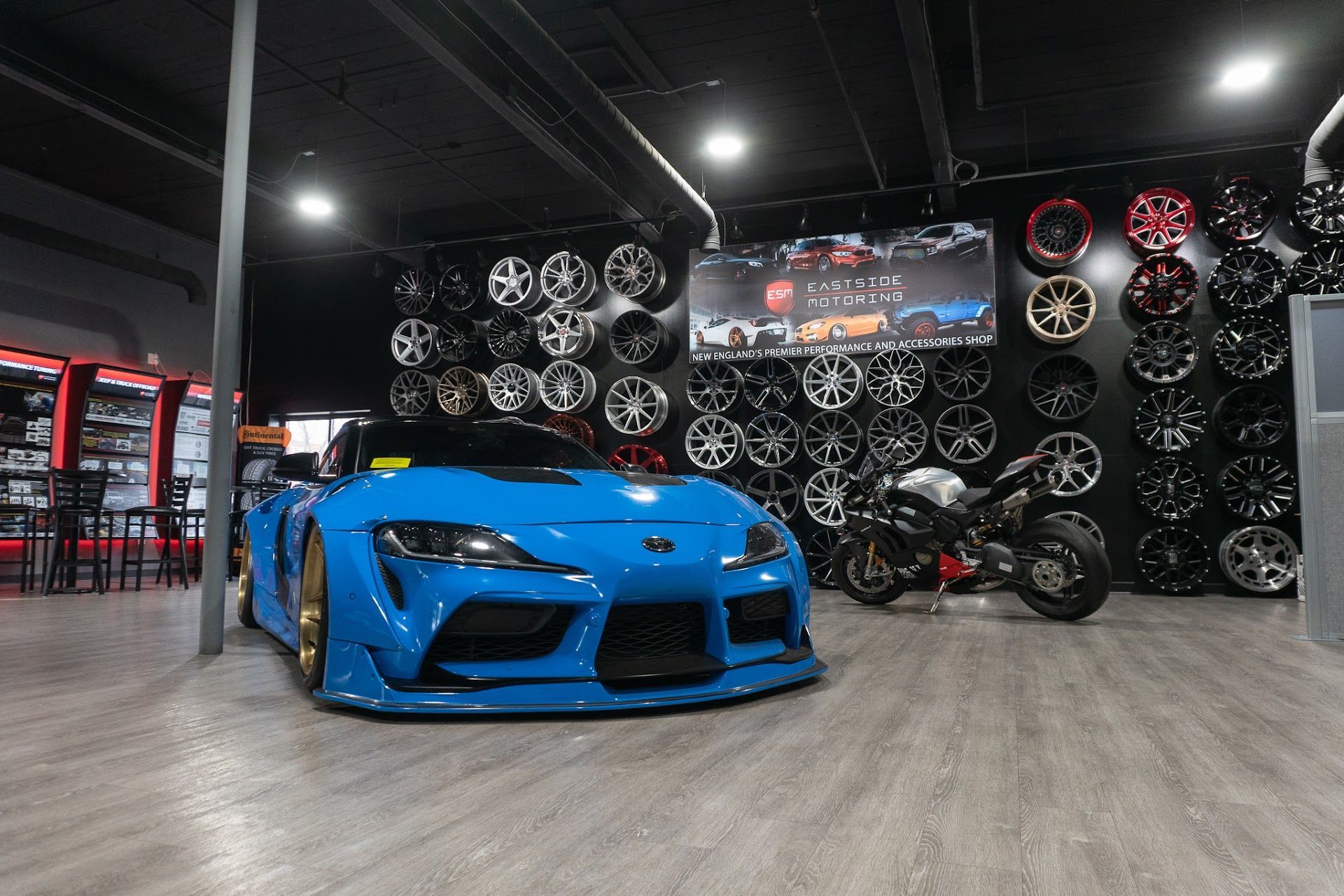 Blue Sports Car Displayed Inside Auto Service And Wheel Showroom | Eastside Motoring