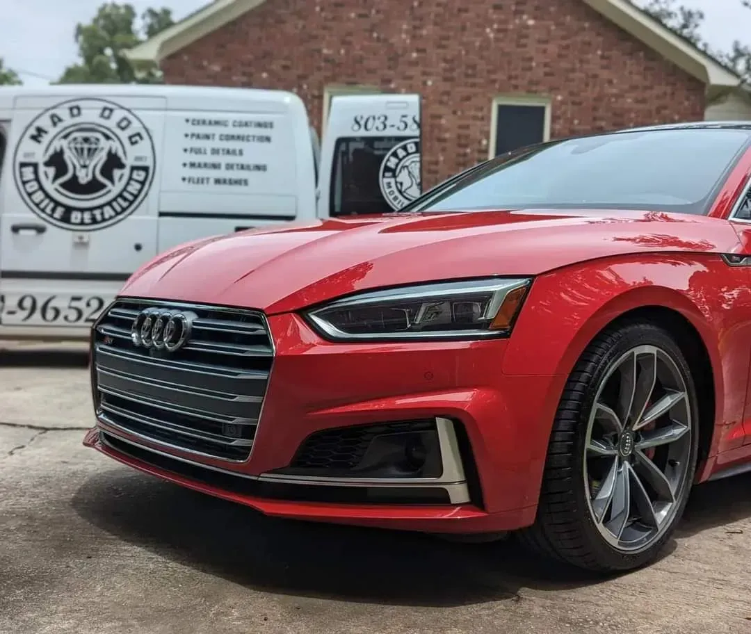 Red Audi car parked in front of Mad Dog Mobile Detailing van.