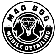 Mad Dog Mobile Detailing logo: black and white circular design with diamond and dog silhouette.