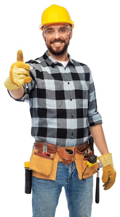 A man wearing a hard hat and gloves is giving a thumbs up.