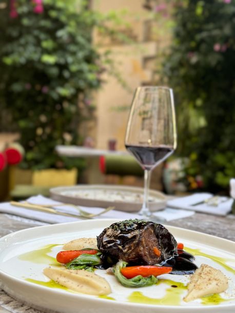 Primo piano di un piatto gourmet a base di carne con verdure e salsa, accompagnato da un bicchiere di vino rosso, all'aperto.