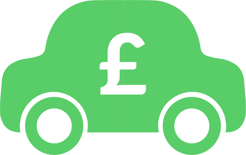 A green car with a white pound sign on it.