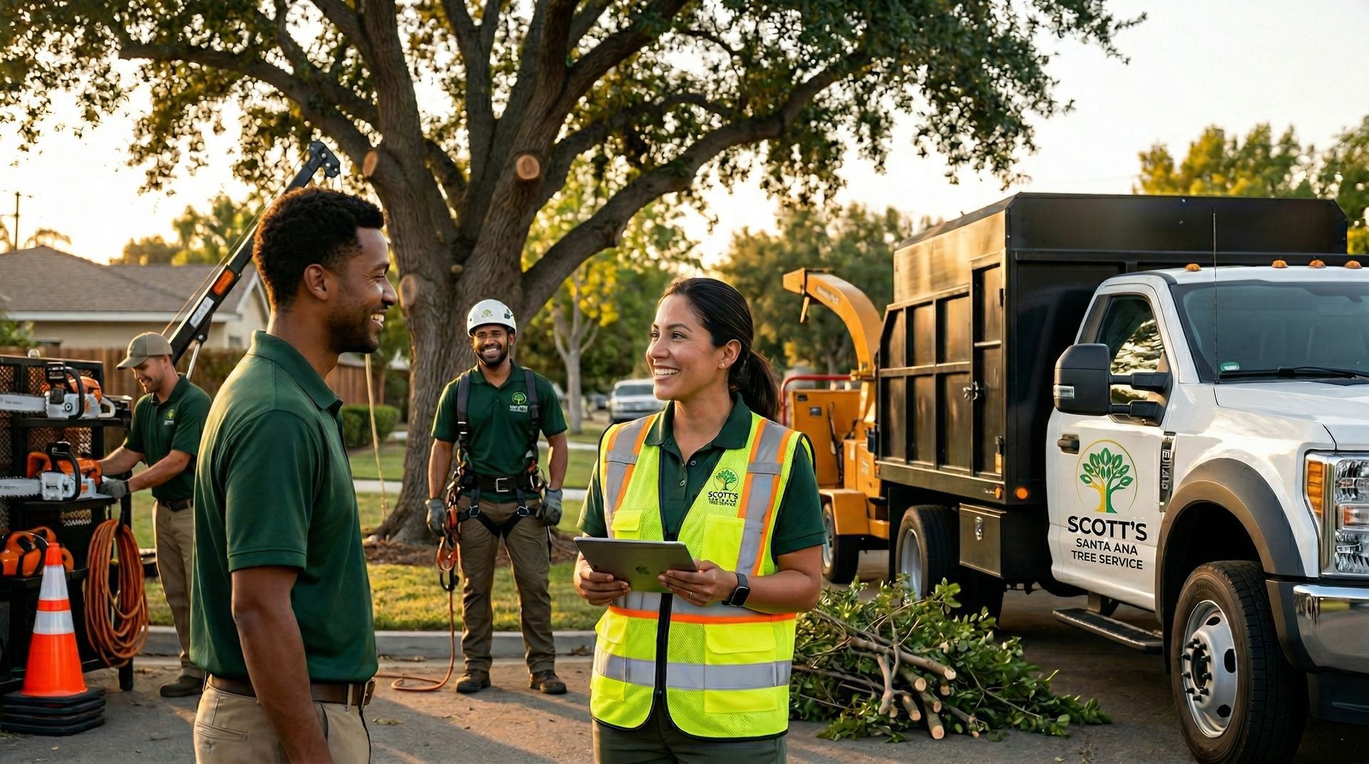 Tree service crew stands beside a work truck, chipper, and trimmed tree in a Santa Ana, CA neighborhood.