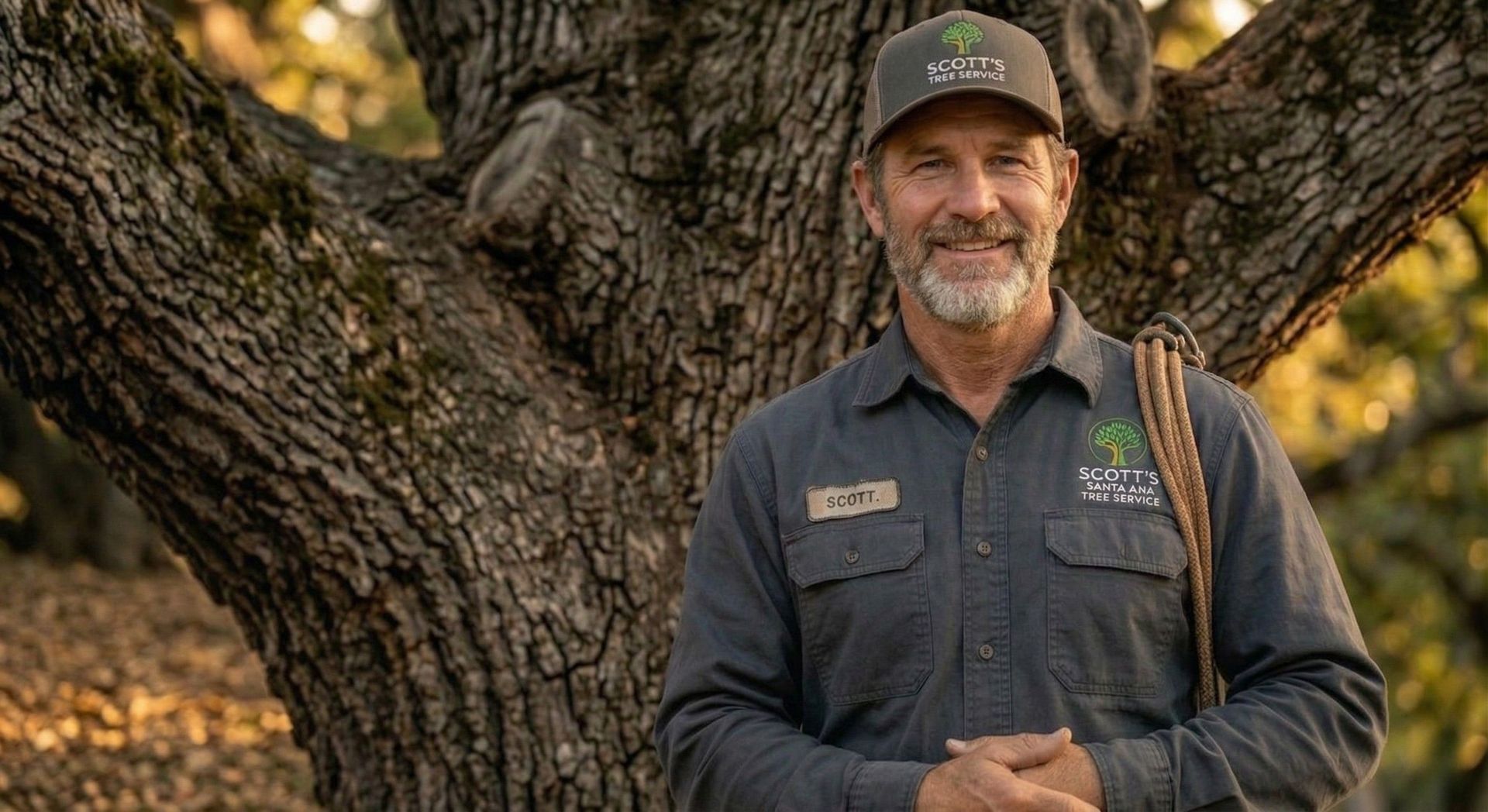Arborist standing in front of a large mature tree wearing a branded work shirt and hat with climbing rope over his shoulder.
