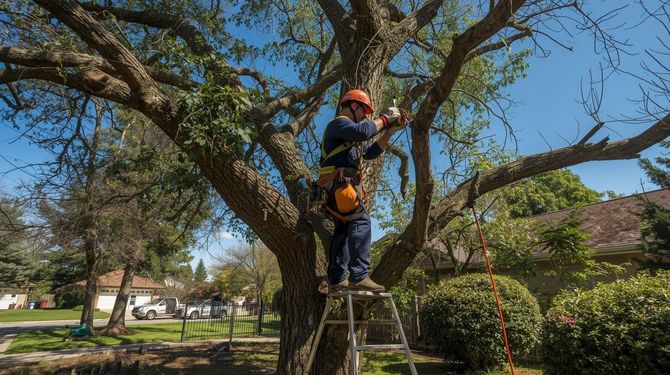 An arborist in a hard hat and harness stands on a ladder to prune a large tree in a residential yard.
